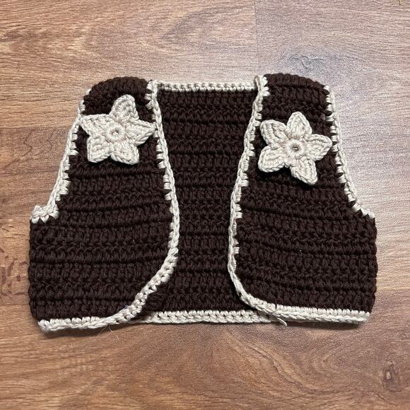 Vintage Brown Cream Floral Crocheted Vest 70s Hippie Baby Girls Size 12M Months - Picture 1 of 4